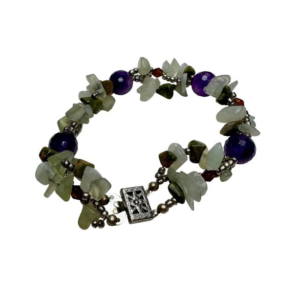 Bracelet Women 7.5" Purple White Green Stone Chips Box Clasp Chunky Boho Jewelry - Picture 7 of 10